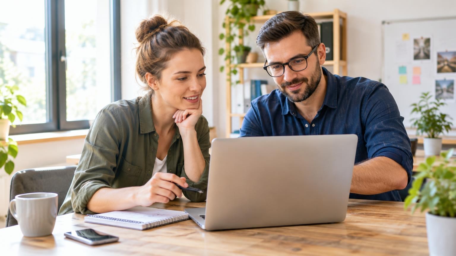 Dwoje współpracowników małej firmy spokojnie omawia szkic odpowiedzi na laptopie przy stole w jasnym biurze